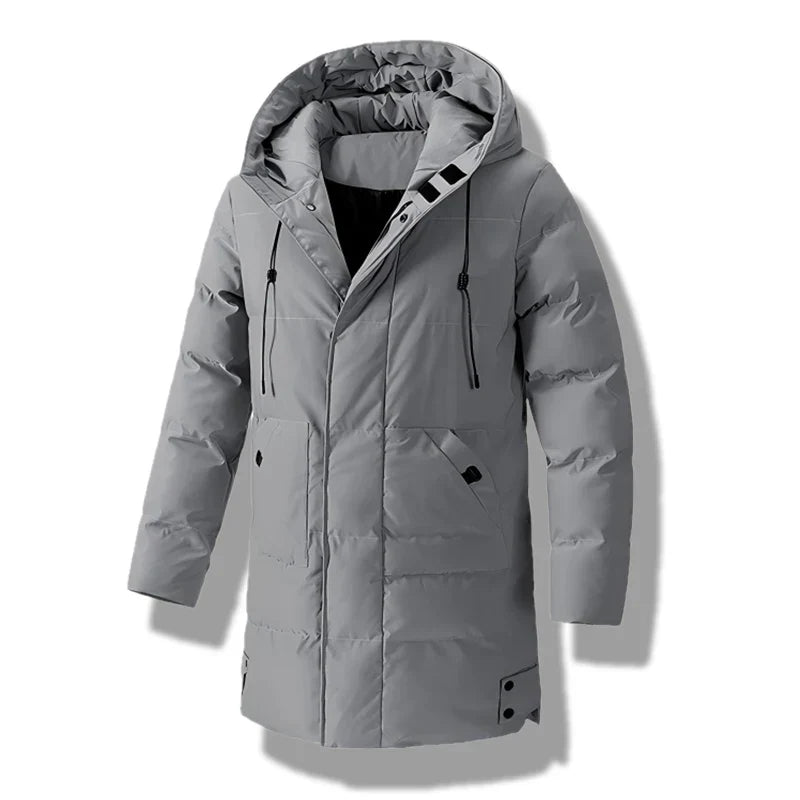 Grå herre polyester vinterjakke med foret hætte, perfekt til fritid og koldt vejr.