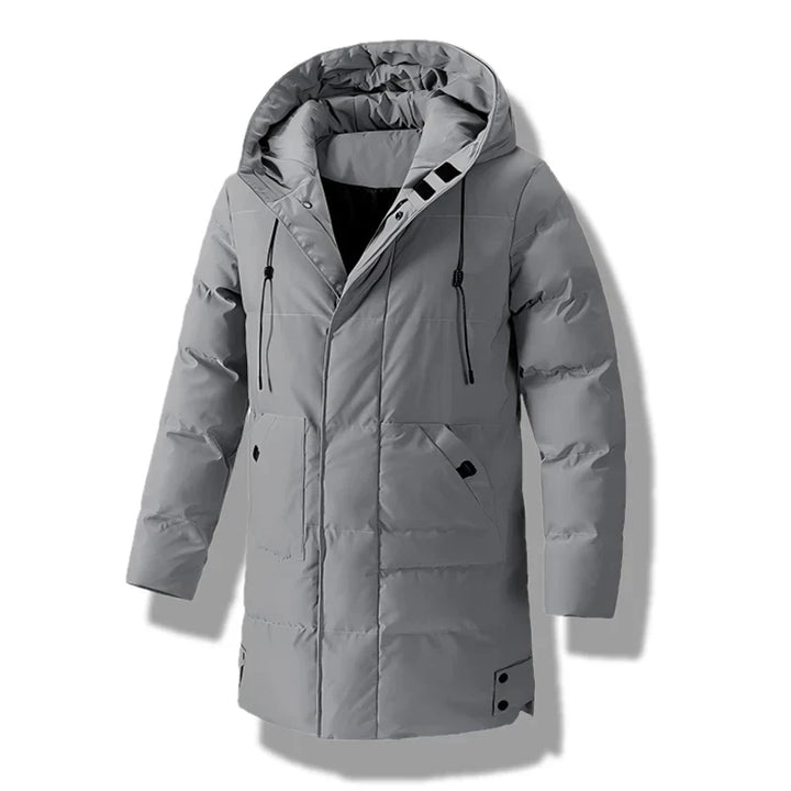 Grå herre polyester vinterjakke med foret hætte, perfekt til fritid og koldt vejr.