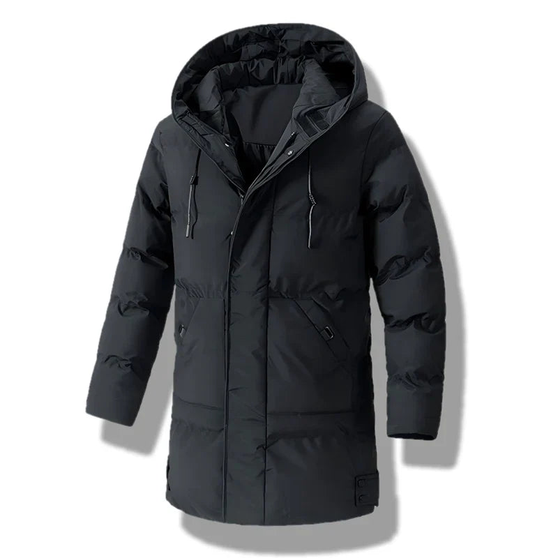 Varm polyester herre vinterjakke med blød foring og praktisk hætte til kolde vinterdage.