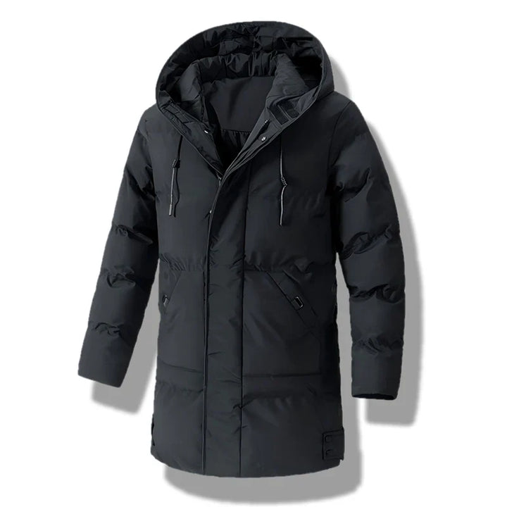 Varm polyester herre vinterjakke med blød foring og praktisk hætte til kolde vinterdage.