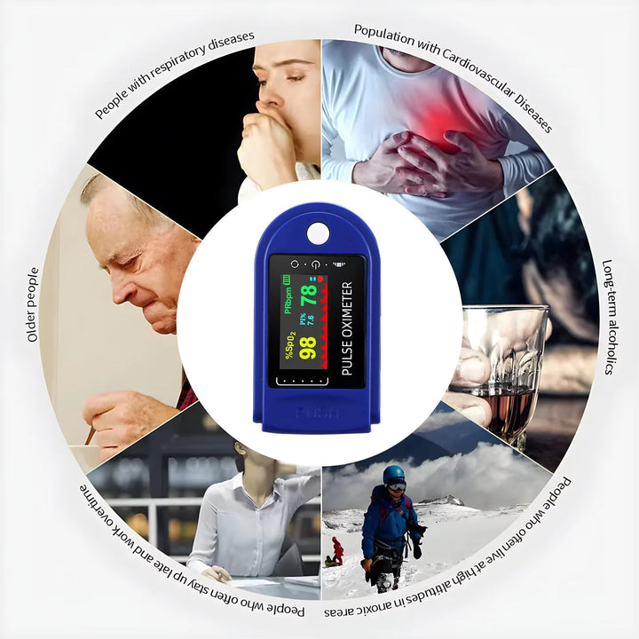 Moderne pulsoximeter til fingermåling. Præcis iltmåler og pulsmåler med et stilrent look.