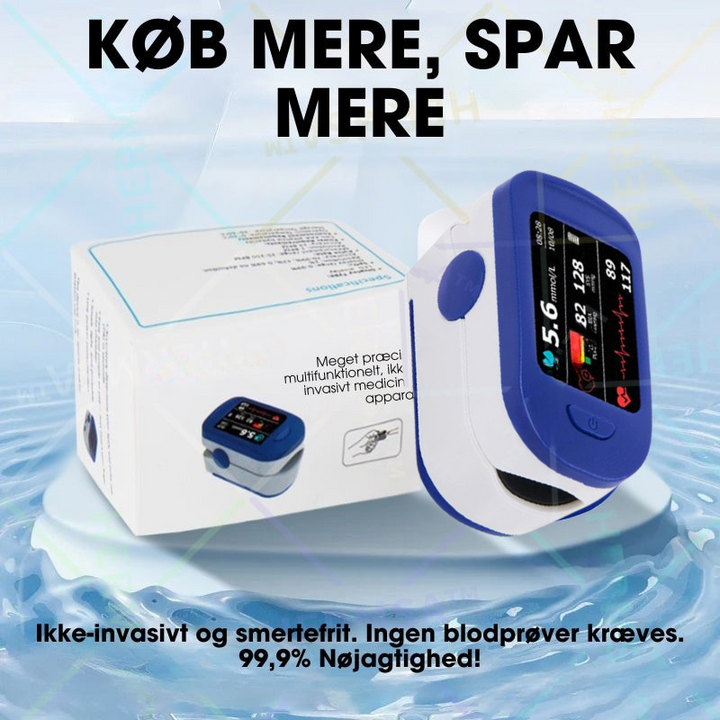 Bærbart finger pulsoximeter. Nem og hurtig iltmåling og pulsmåler til sundhed og wellness.