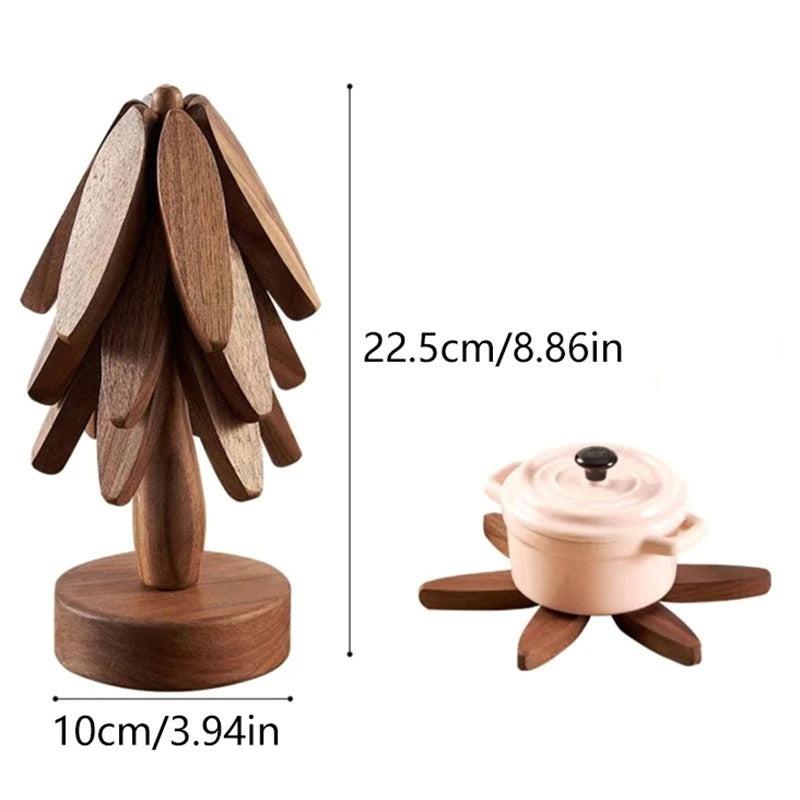 Træ grydeunderlag & bordskåner sæt, håndlavet til køkken og spisebord. Rustikt og praktisk design.