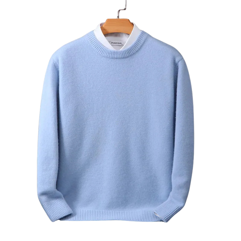 Elegant herre kashmirtrøje med rund hals, perfekt til efterår/vinter. Komfortabel og stilfuld.