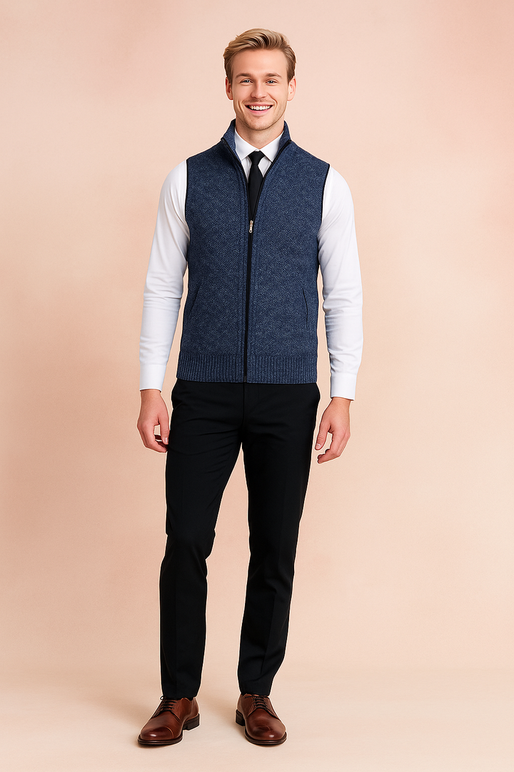 Herre ærmeløs strikvest med lynlås i stilfuldt design, perfekt til lag-på-lag og business casual.
