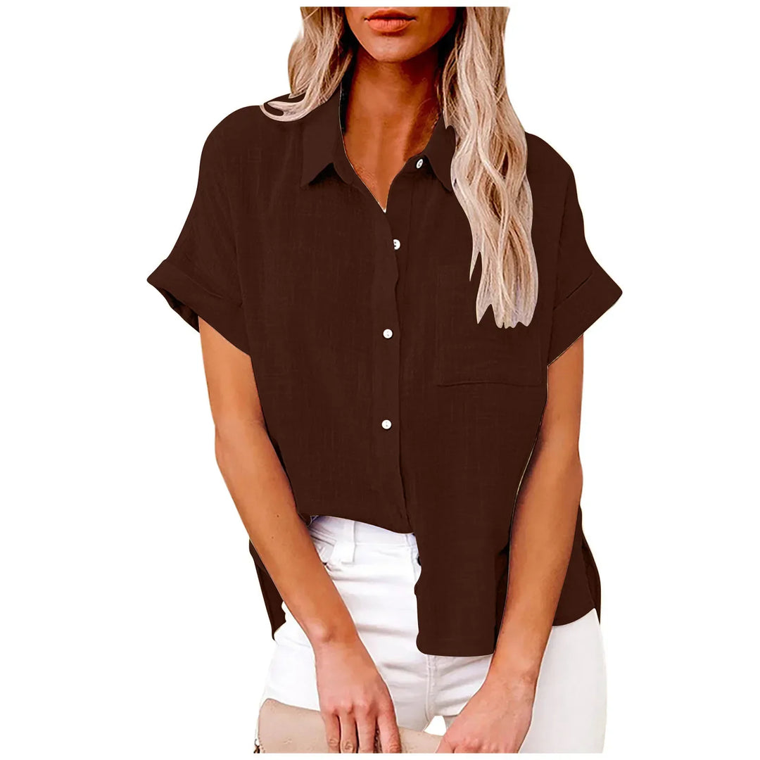 Casual kvindebluse med korte ærmer i gul. Løs og letvægtig sommer top for komfort.