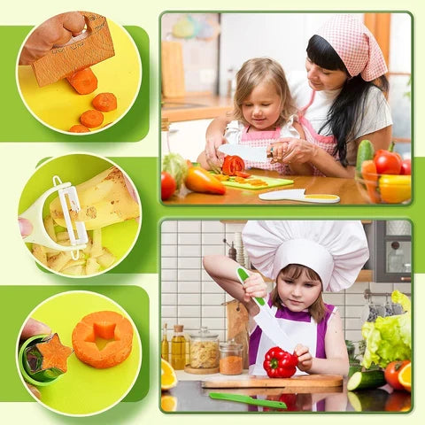 Pædagogiske Montessori køkkenredskaber fra JuniorCook (13 dele) udvikler børns motorik og madlavningsevner.