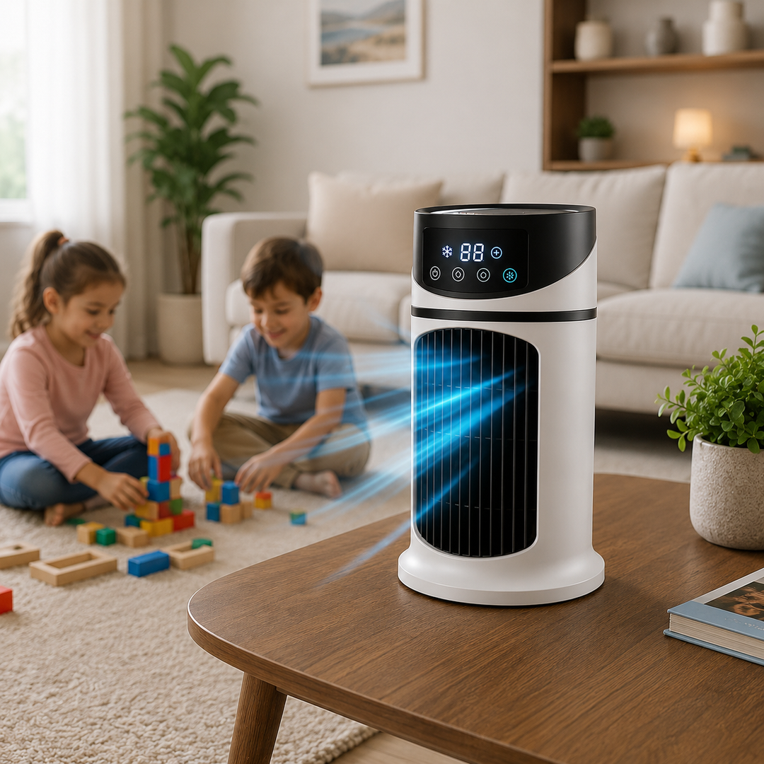 Bordluftkøler med klart LED display og fjernbetjening for nem styring af ventilation og kølig luft.