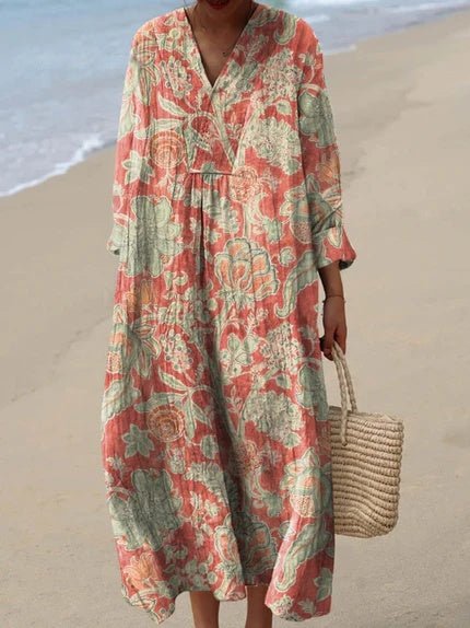 Stribet V-hals boho kjole til kvinder, en alsidig midikjole perfekt til sommer og strand.