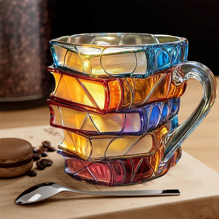 Håndlavet glaskrus for bogelskere. Elegant bogkrus med 3D-detaljer, perfekt til te eller kaffe.