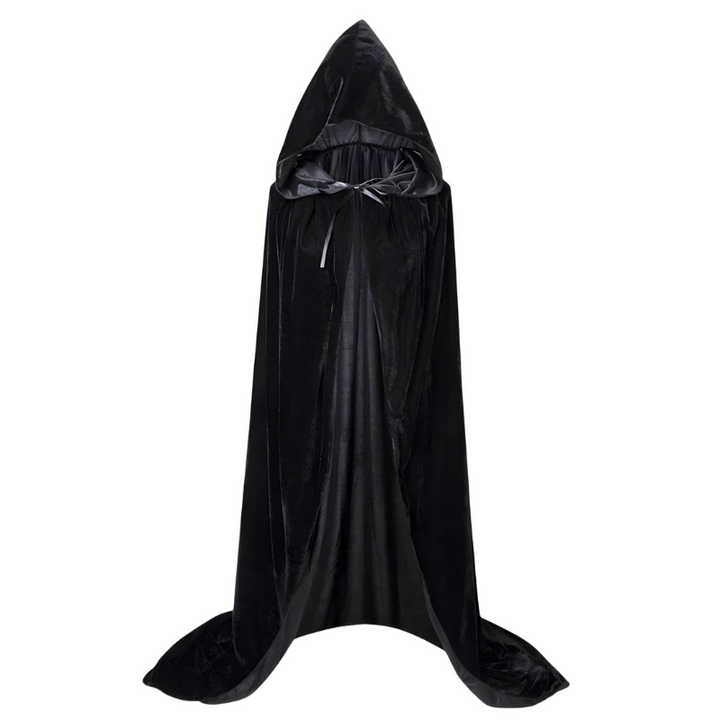 Lang sort unisex heksekappe til Halloween & cosplay kostumer. Perfekt til udklædning og mystisk stil.