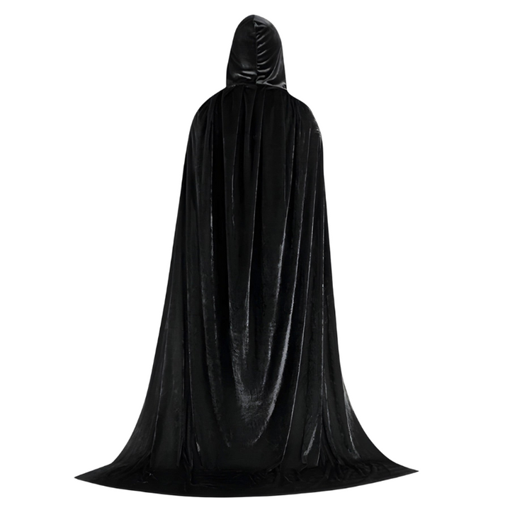 Sort lang cosplay kappe med hætte til voksne. Ideel som heksekappe, troldmandskappe eller fantasy kostume.