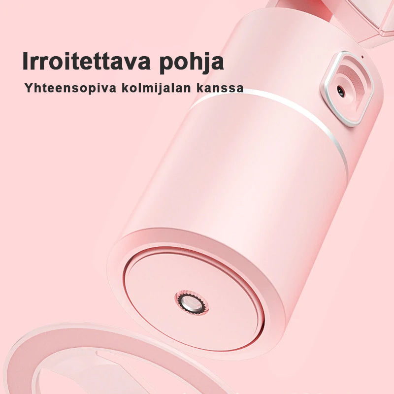 "Älykäs Selfie-ohjain 360°: Musta laite valkoisella taustalla, jossa pyörivä kamera ja kiinnitysjalusta."