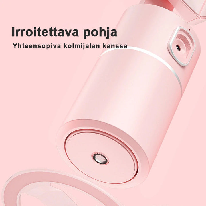 "Älykäs Selfie-ohjain 360°: Musta laite valkoisella taustalla, jossa pyörivä kamera ja kiinnitysjalusta."