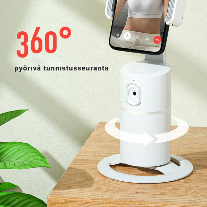 "Älykäs Selfie-ohjain 360°: Musta laite valkoisella taustalla, jossa pyörivä kamera ja kiinnitysjalusta."