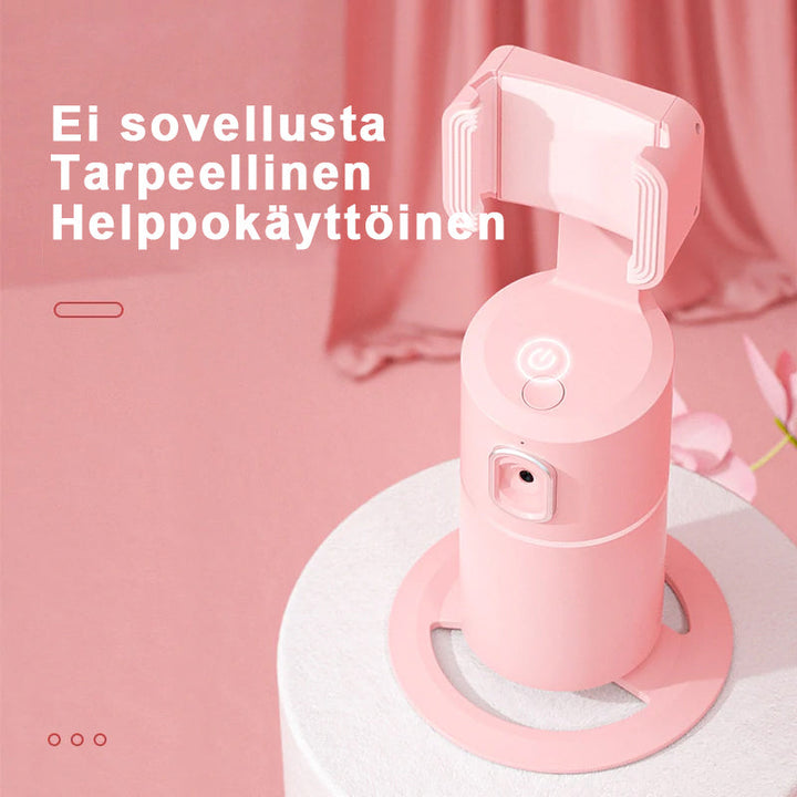 "Älykäs Selfie-ohjain 360°: Musta laite valkoisella taustalla, jossa pyörivä kamera ja kiinnitysjalusta."