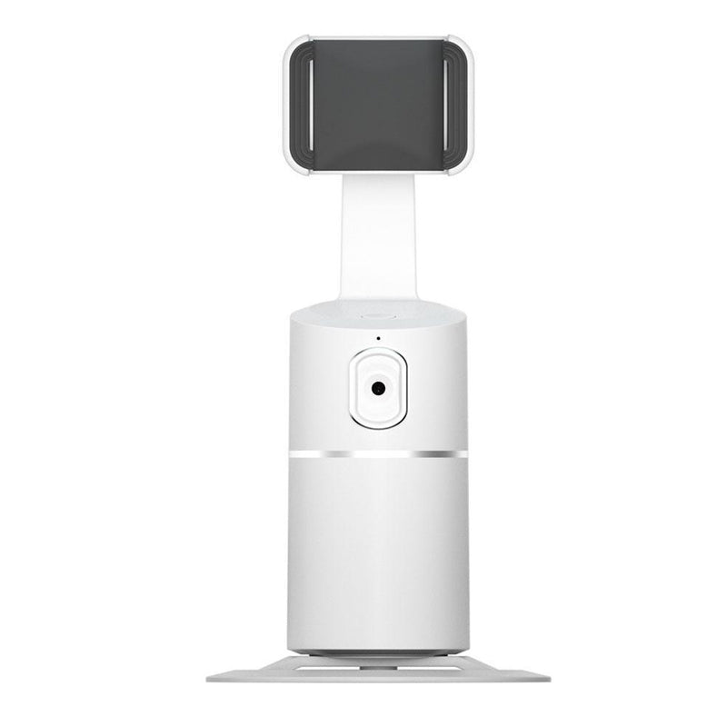 "Älykäs Selfie-ohjain 360°: Musta laite valkoisella taustalla, jossa pyörivä kamera ja kiinnitysjalusta."