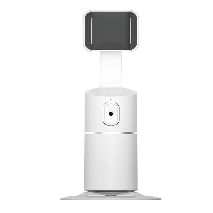 "Älykäs Selfie-ohjain 360°: Musta laite valkoisella taustalla, jossa pyörivä kamera ja kiinnitysjalusta."