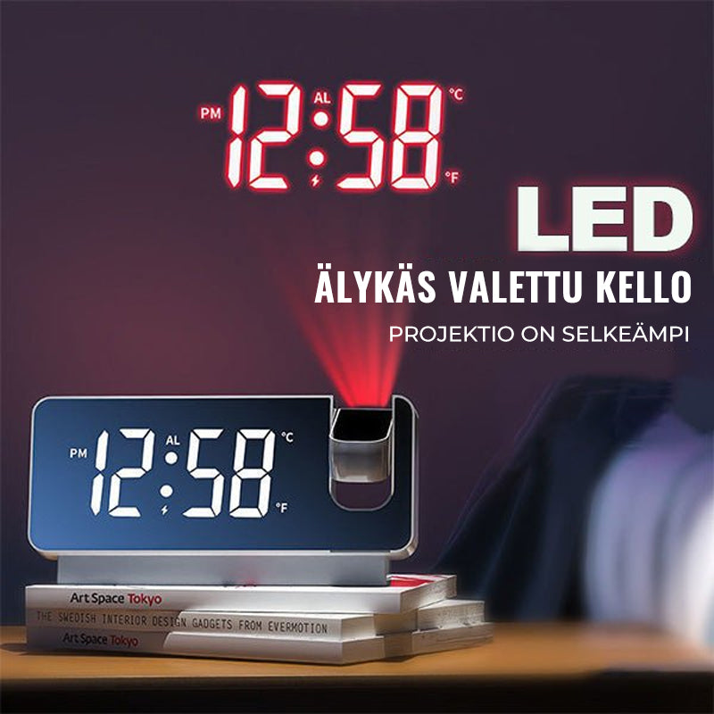 "Älykäs digitaalinen projektiokello, seinälle projisoiva aika, minimalistinen muotoilu, musta tai valkoinen, LED-näyttö"