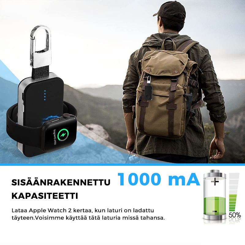 "Älykäs musta 2in1 virtapankki avaimenperä Apple Watchille ja puhelimelle, tyylikäs ja kevyt lisävaruste."