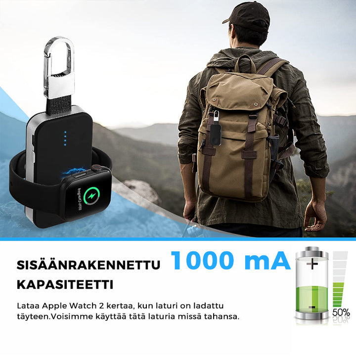 "Älykäs musta 2in1 virtapankki avaimenperä Apple Watchille ja puhelimelle, tyylikäs ja kevyt lisävaruste."