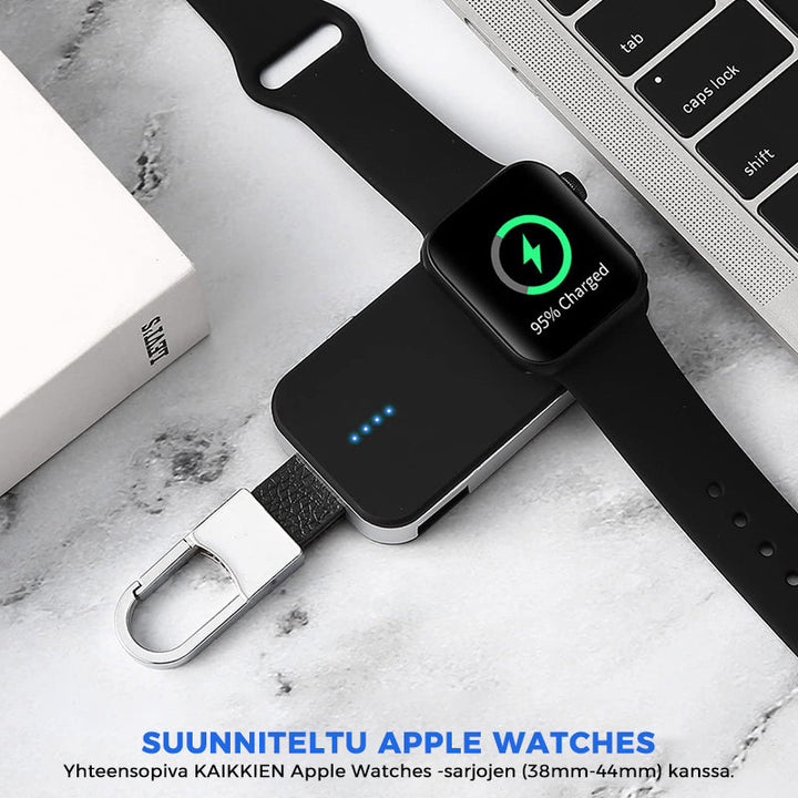 "Älykäs musta 2in1 virtapankki avaimenperä Apple Watchille ja puhelimelle, tyylikäs ja kevyt lisävaruste."