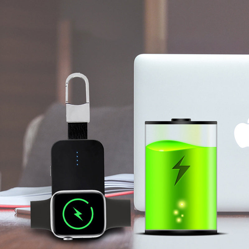 "Älykäs musta 2in1 virtapankki avaimenperä Apple Watchille ja puhelimelle, tyylikäs ja kevyt lisävaruste."