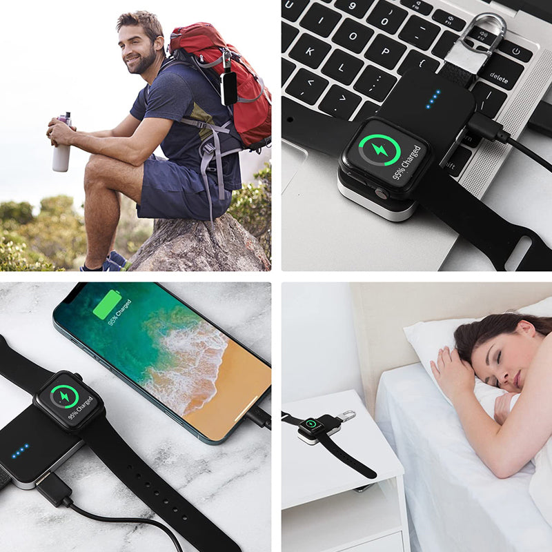 "Älykäs musta 2in1 virtapankki avaimenperä Apple Watchille ja puhelimelle, tyylikäs ja kevyt lisävaruste."