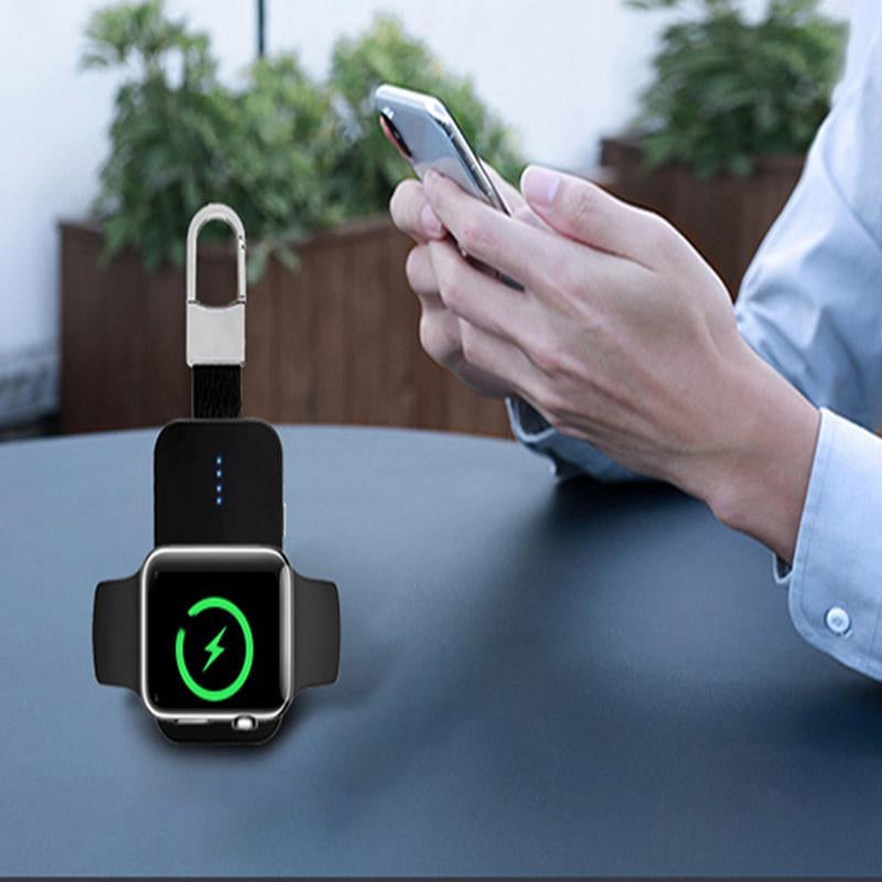 "Älykäs musta 2in1 virtapankki avaimenperä Apple Watchille ja puhelimelle, tyylikäs ja kevyt lisävaruste."