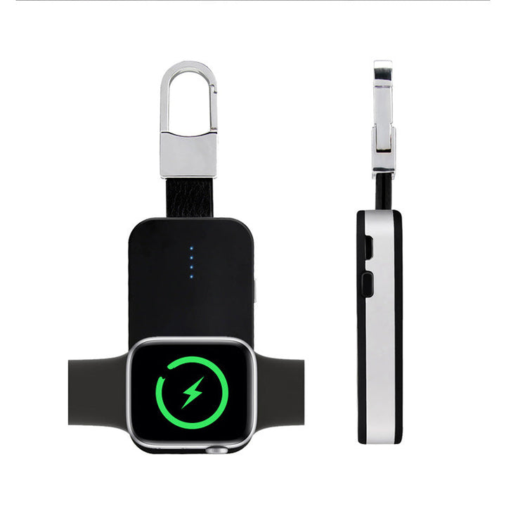 "Älykäs musta 2in1 virtapankki avaimenperä Apple Watchille ja puhelimelle, tyylikäs ja kevyt lisävaruste."