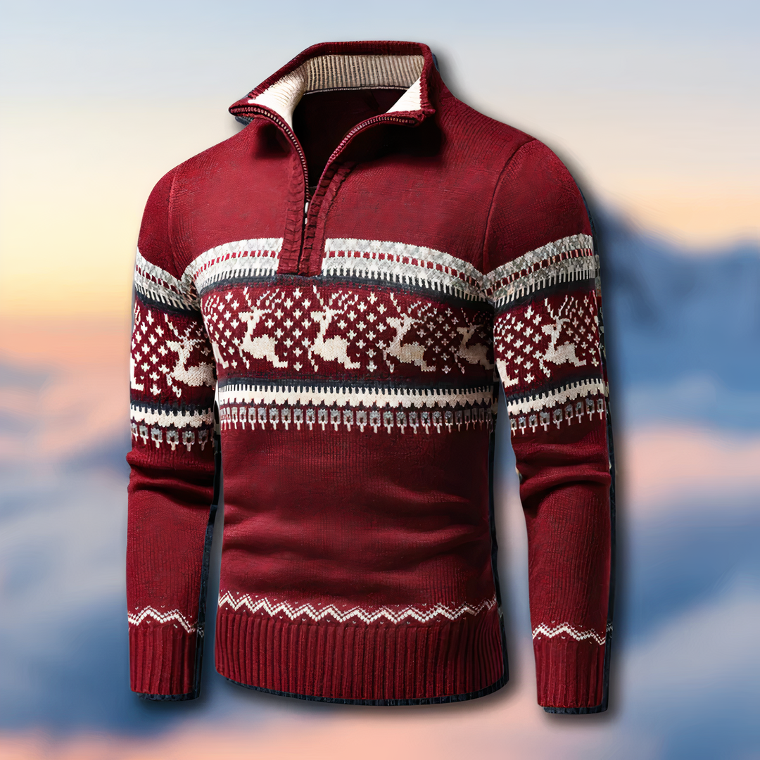 Elegant mænds sweater med halvlynlås og ståkrage. Varmt vintertøj perfekt til komfort og stil i hverdagen.