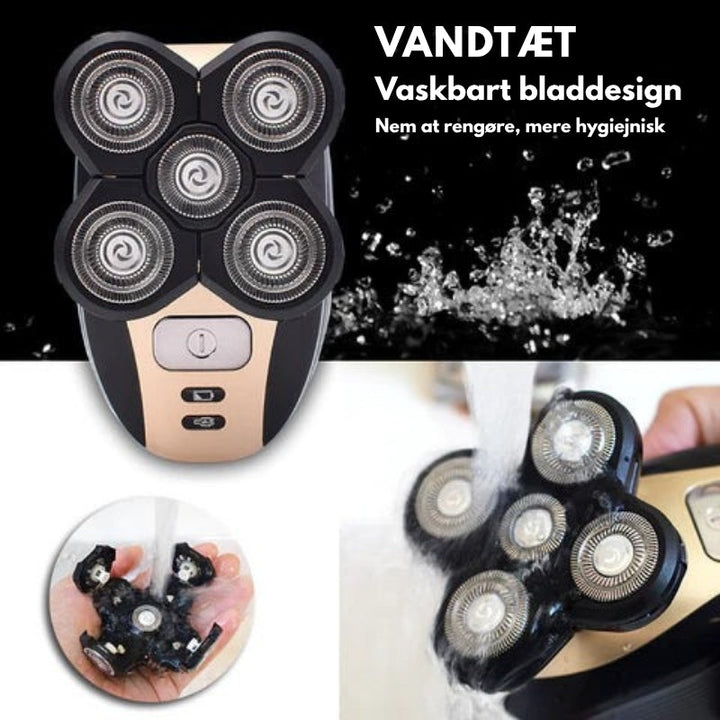 Mænds 5-i-1 elektrisk trimmer til kranie, skæg og næsehår. Perfekt til daglig herrepleje.