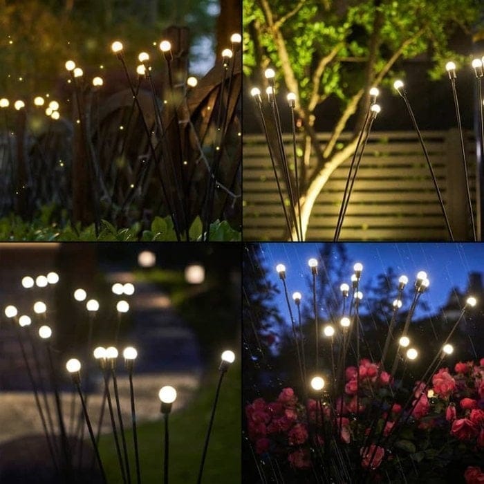 Stemningsfulde LED solcellelamper med varmt lys og realistisk ildflueeffekt skaber hygge i mørket.