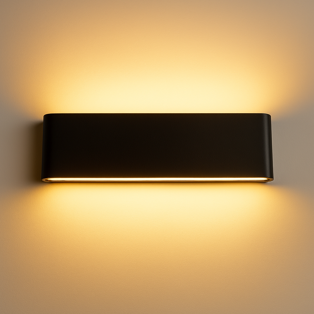 Udendørs LED væglampe IP65 i buet glas design, perfekt til facadebelysning.