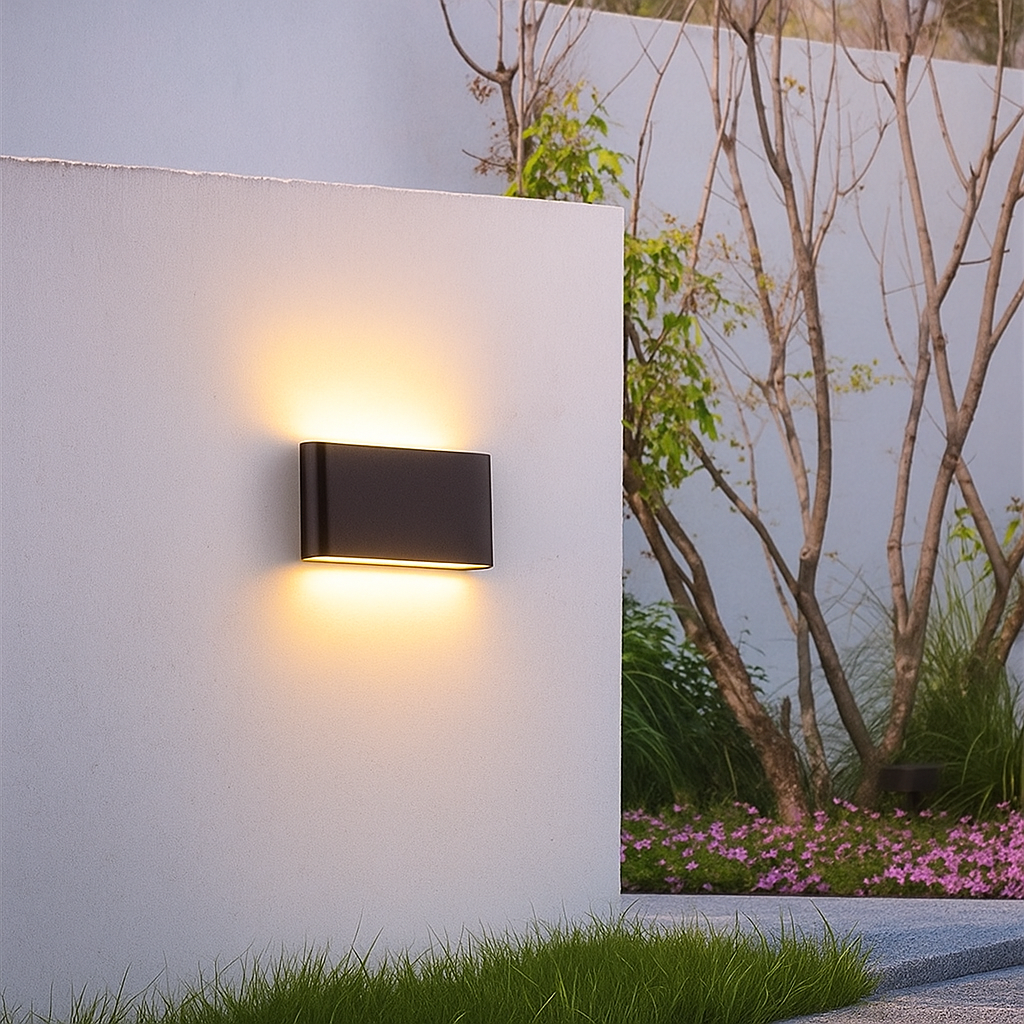 Facadebelysning LED væglampe IP65, med elegant buet glas og effektiv belysning.