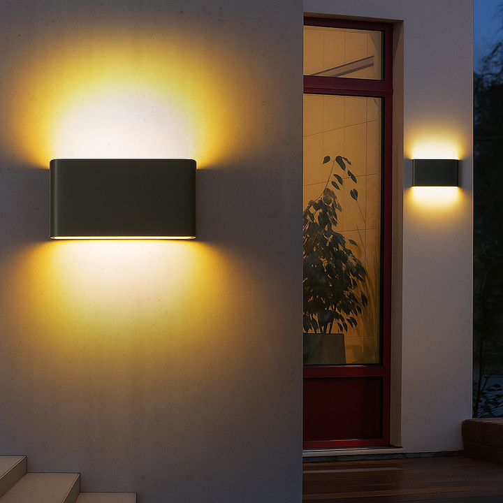 Stilren LED væglampe med buet glas til moderne indendørs og udendørs belysning.