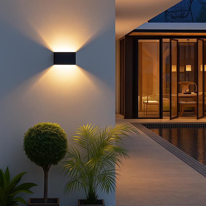 Robust IP65 LED væglampe med buet glas, perfekt til udendørs facade- og stemningsbelysning.