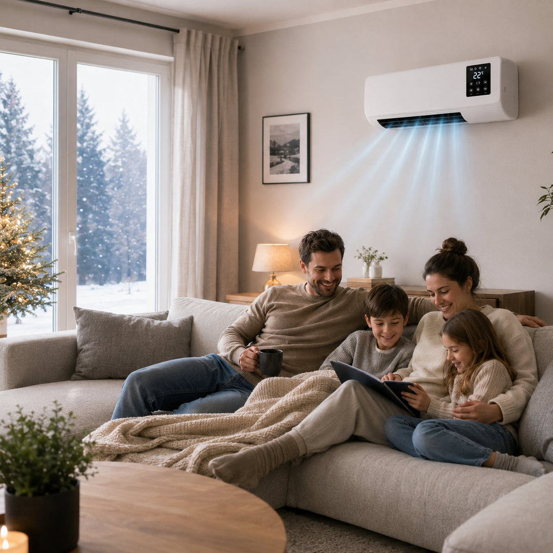 Elegant indendørs klimaenhed med køling og varme. Perfekt til et behageligt hjemmeklima.