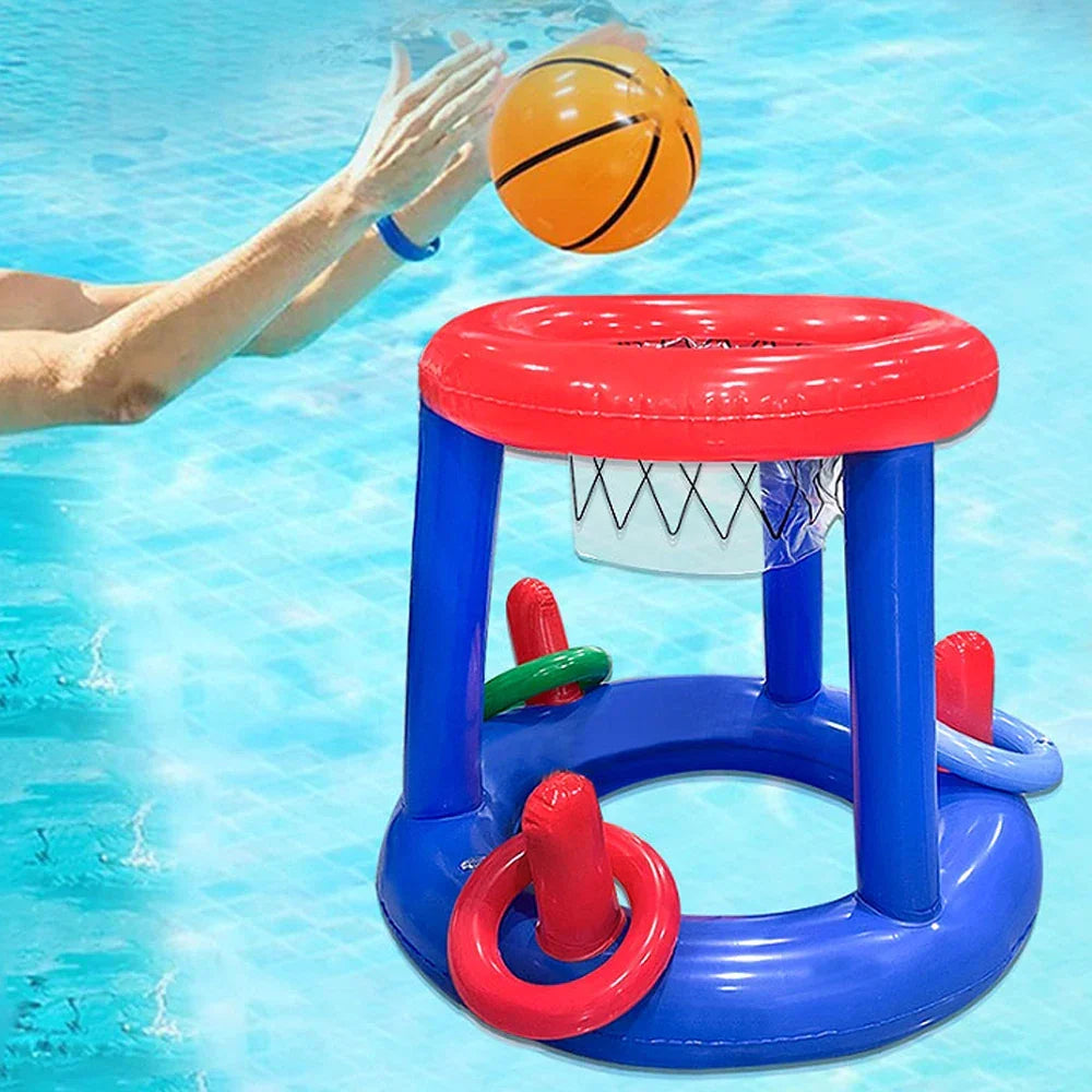 PVC oppusteligt poolspil med vandkurv for aktiv leg. Ideel til sommeraktiviteter og familiehygge udendørs.