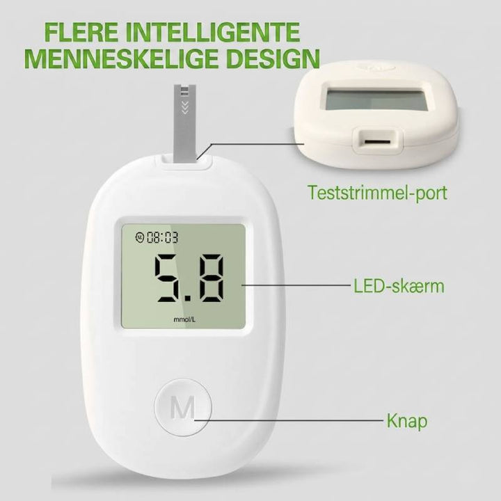Komplet sæt med blodsukkermåler, lancetpen og teststrimler for effektiv diabeteskontrol hjemme.