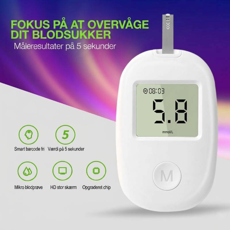 Kompakt og brugervenlig blodsukkermåler til nem og hurtig måling af blodsukker for diabetes.