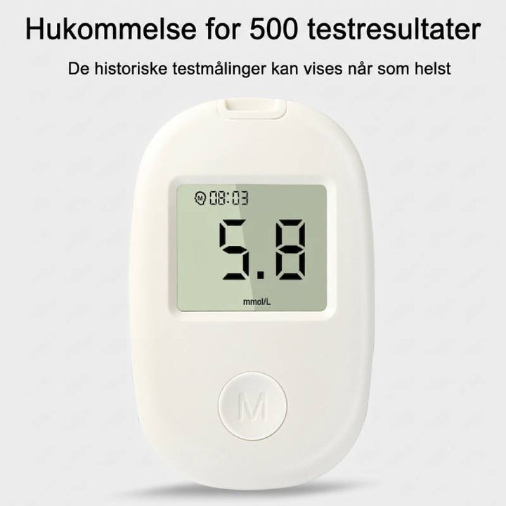 Digitalt display på glucometer viser hurtigt og præcist blodsukkerresultat for optimal diabetesstyring.