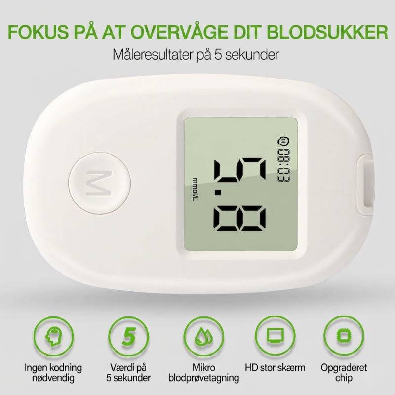 Nærbillede af lancetpen og teststrimler til blodsukkermåler, essentielle for præcis blodsukkermåling.