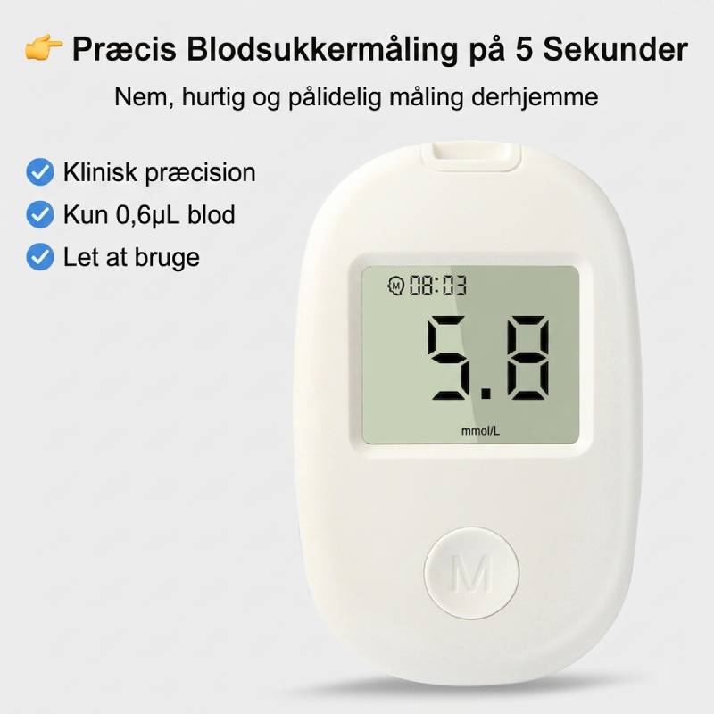 Ergonomisk blodsukkermåler holdt i hånden, ideel for bærbar og nem blodsukkermåling overalt.