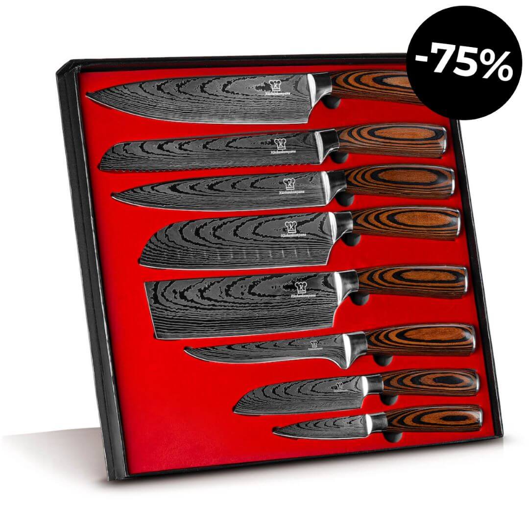 Håndtag af pakkaholz og epoxy på en kniv fra det eksklusive 8-dels køkkenknivsæt. Ergonomisk design.