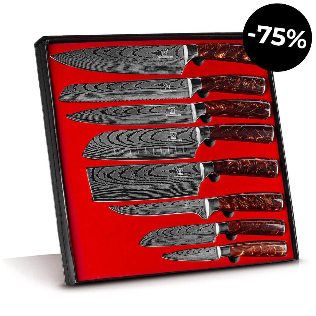 Essential 8-dels knivsæt til hjemmekokken. Skarpe køkkenknive i rustfrit stål, lang holdbarhed.