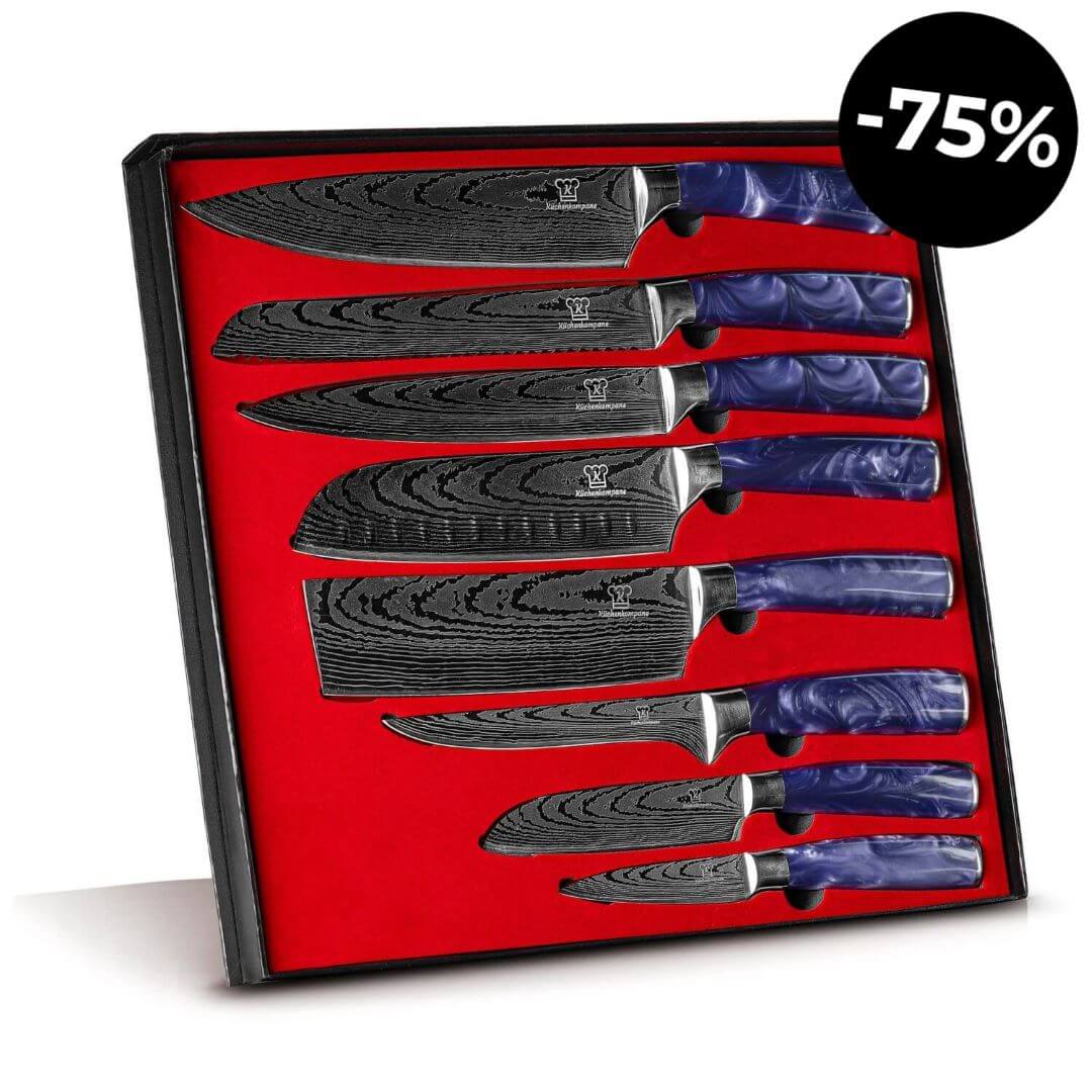 Investering i kvalitet: 8-dels knivsæt med kokkekniv, rustfrit stål og pakkaholz. Perfekt til madlavning.
