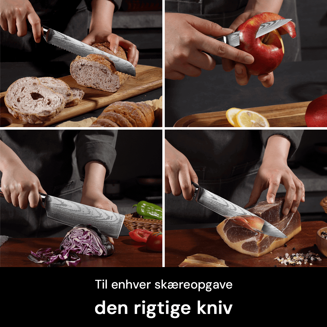 Elegant knivsæt i rustfrit stål med ergonomiske håndtag af pakkaholz og epoxy. Perfekt til kokke.