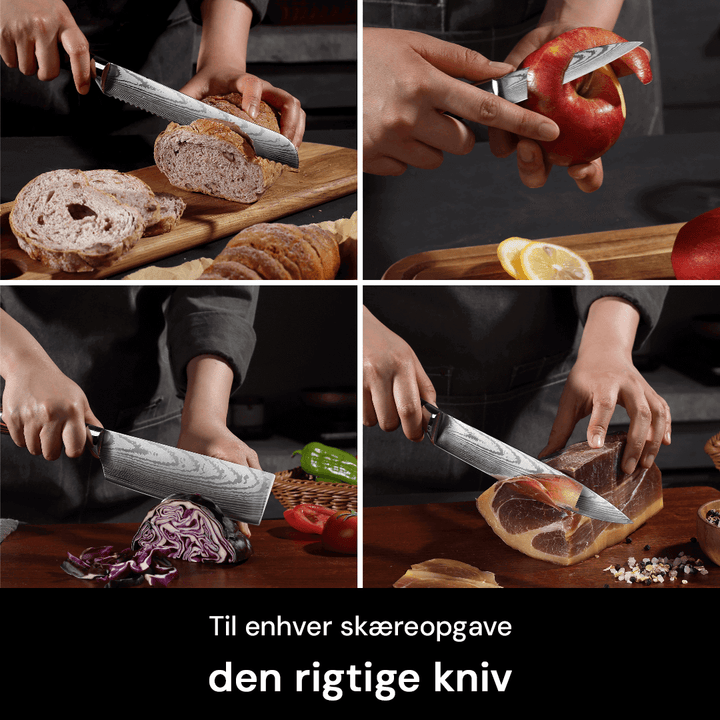 Elegant knivsæt i rustfrit stål med ergonomiske håndtag af pakkaholz og epoxy. Perfekt til kokke.