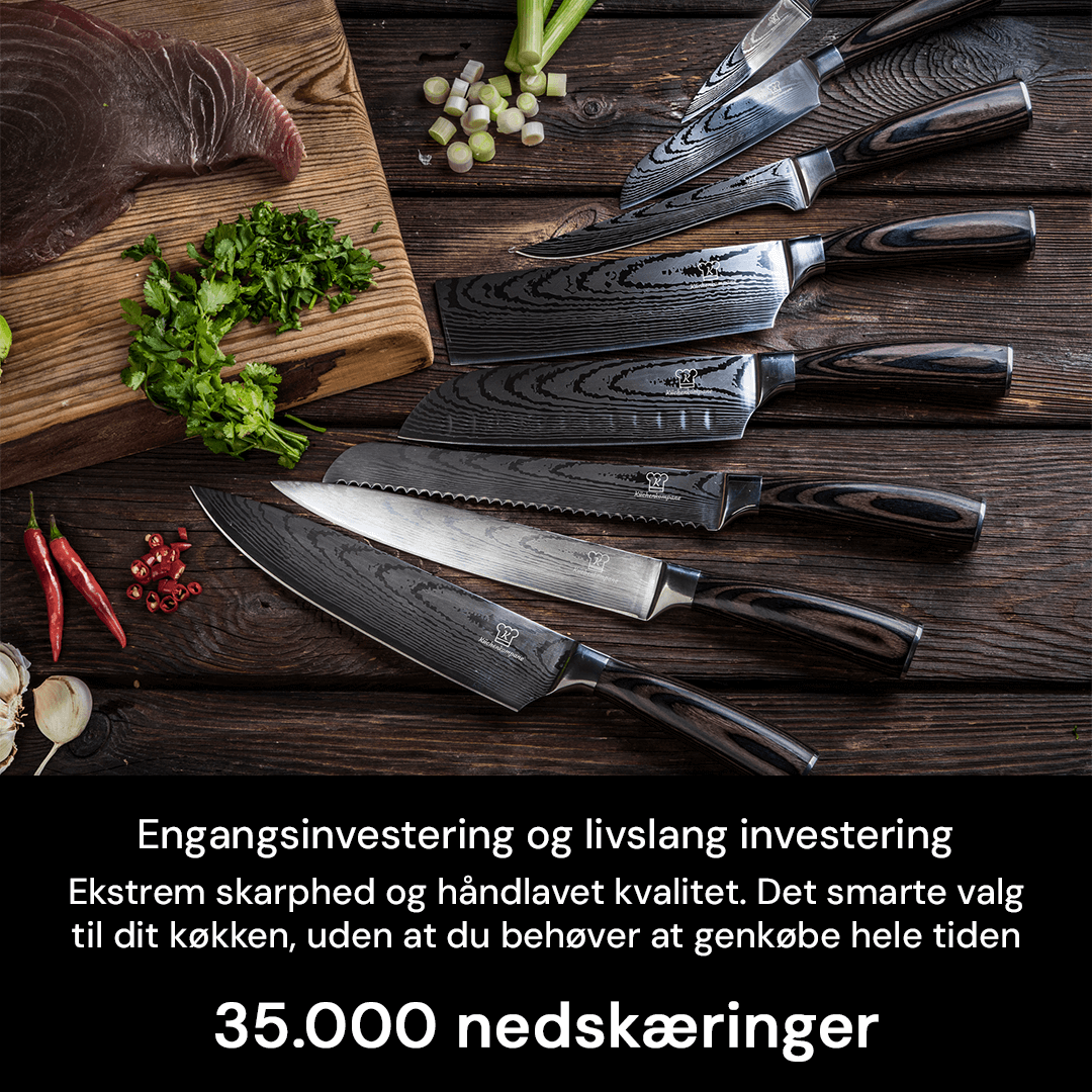 Alsidigt 8-dels knivsæt. Kokkekniv og øvrige køkkenknive i rustfrit stål, designet for effektivitet.
